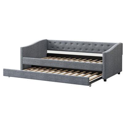 FAVSH Upholstered Daybed with Trundle, Twin Size Day Bed w/Button-Tufted Back and Piping on Waved-Shape Arms for Bedroom or Guest Room, No Box Spring Required, Light Gray