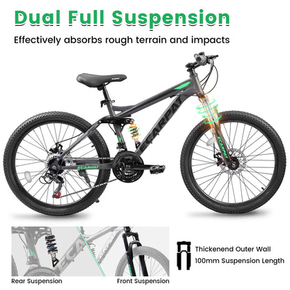 KIAPALNO 27.5 Inch Mountain Bike, Dual Full Suspension 21 Speed Womens Mens Mountain Bikes, Commuter Bike with Carbon Steel Frame and Dual Disc Brakes