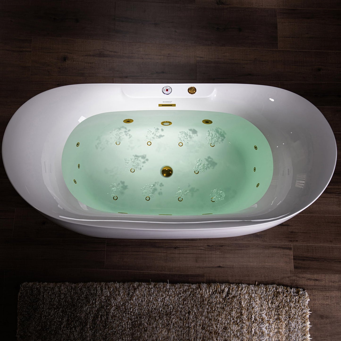 WOODBRIDGE 72" x 35-3/8" Whirlpool and Air Bath Heated Soaking Combination Tub with Adjustable Speed Air Blower and Display Control Panel, Brushed Gold Finish Trim and Drain Kit, BG400