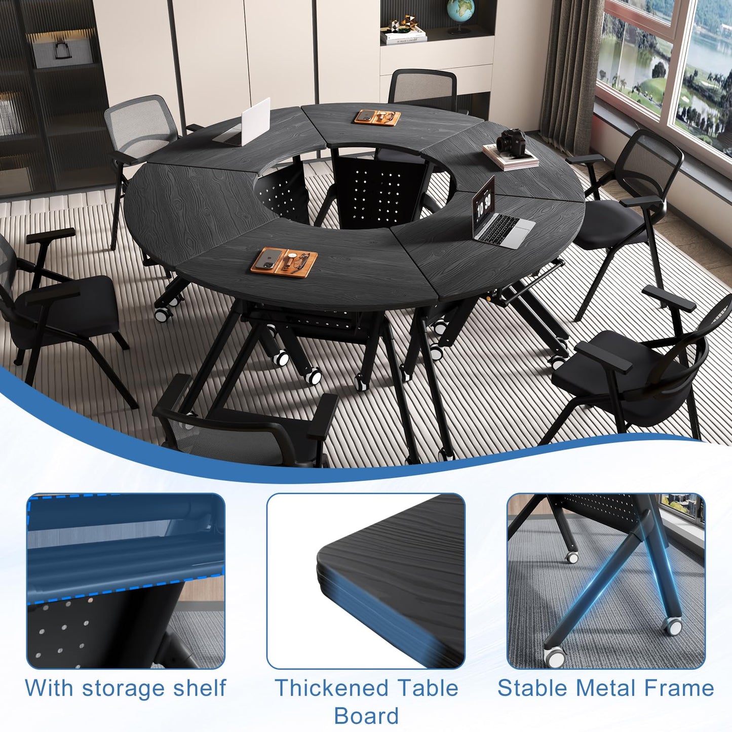 JFazzruit Folding Conference Table,Fan-Shaped Conference Room Tables with Wheels, Mobile Modular Seminar Meeting Desk for Classrooms,Office & Seminar (4, Fan-Black)