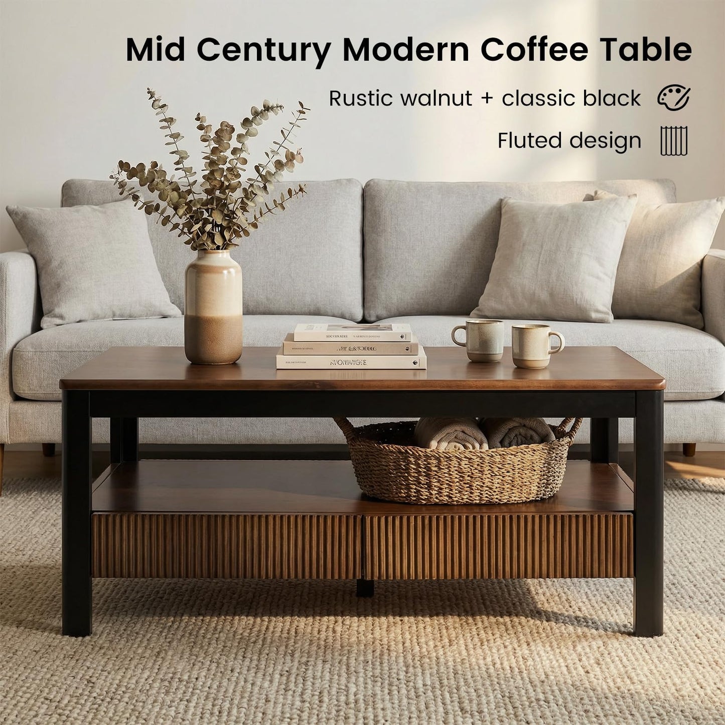 39.4" Walnut Solid Wood Coffee Table for Living Room,Mid Century Modern Real Wooden Fluted Coffee Table with 2 Drawers & Open Shelf Storage for Home Office,Oak Rectangle
