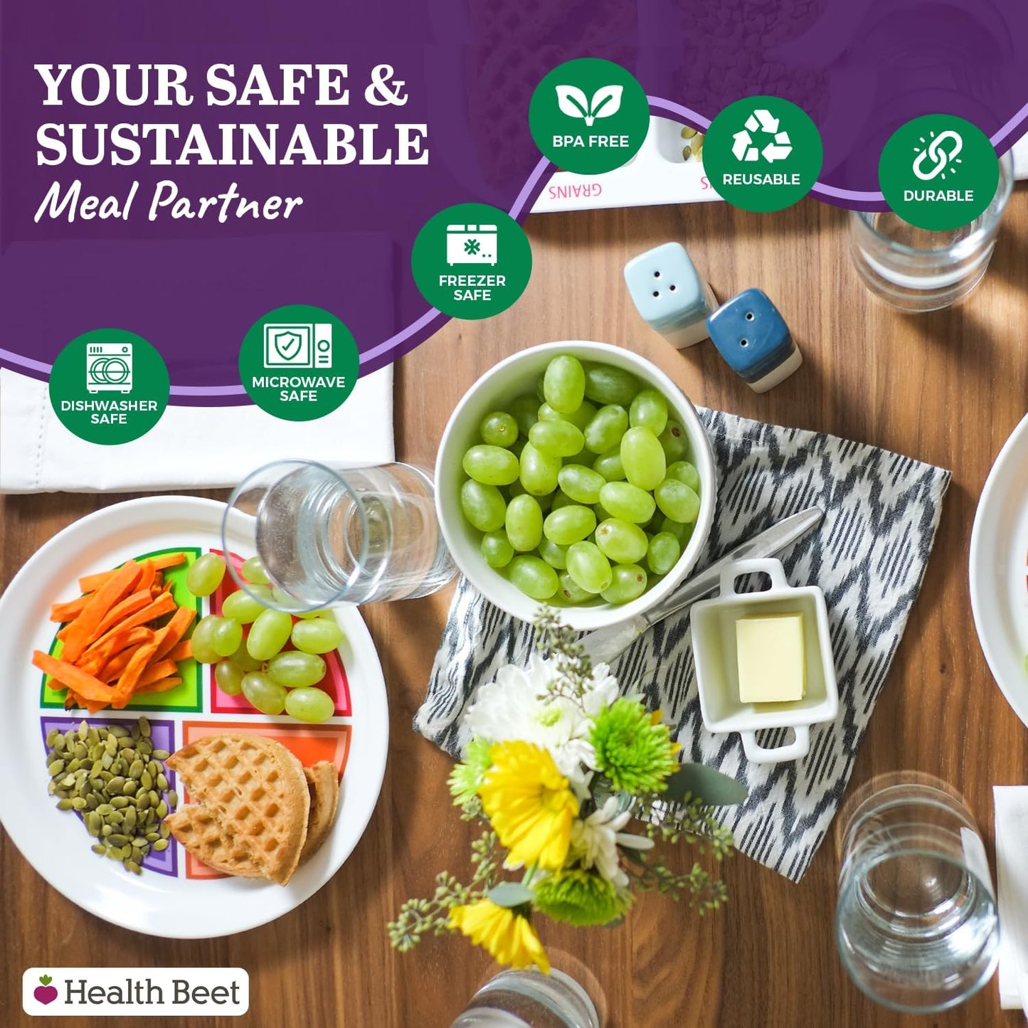 Health Beet MyPlate Portion Control Plate with Dairy Bowl - 4 Flat Sections for Health Education (1-Pack)