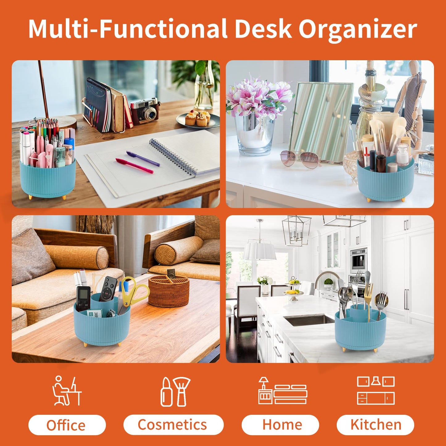 EDENMS Desk Pencil Pen Holder, 5 Slots 360°Degree Rotating Organizers for, Desktop Storage Stationery Supplies Organizer, Cute Cup Pot Office, School, Home, Art Supply, Blue