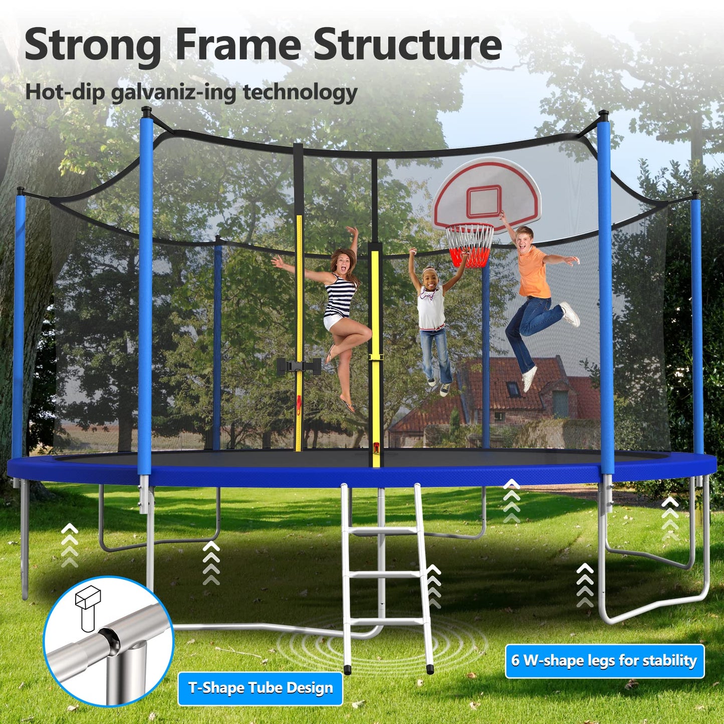 Lyromix Upgraded 16FT Trampoline with Lights, Large Outdoor Trampoline with Sprinkler,Basketball Hoop and Net, Capacity for 5-8 Kids and Adults, Navy Blue
