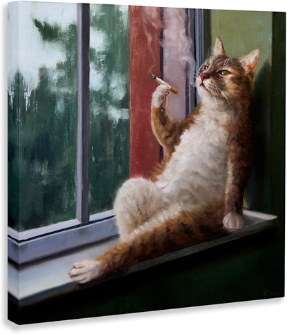 Stupell Industries Canvas Wall Art, House Cat Smoking Lounging in Window Pane, Designed by Lucia Heffernan, 24x24, Brown