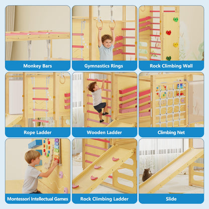 Jungle Gym with Slide, Rock Wall, Wood ＆ Rope Ladder, Monkey Bars, Gym Rings