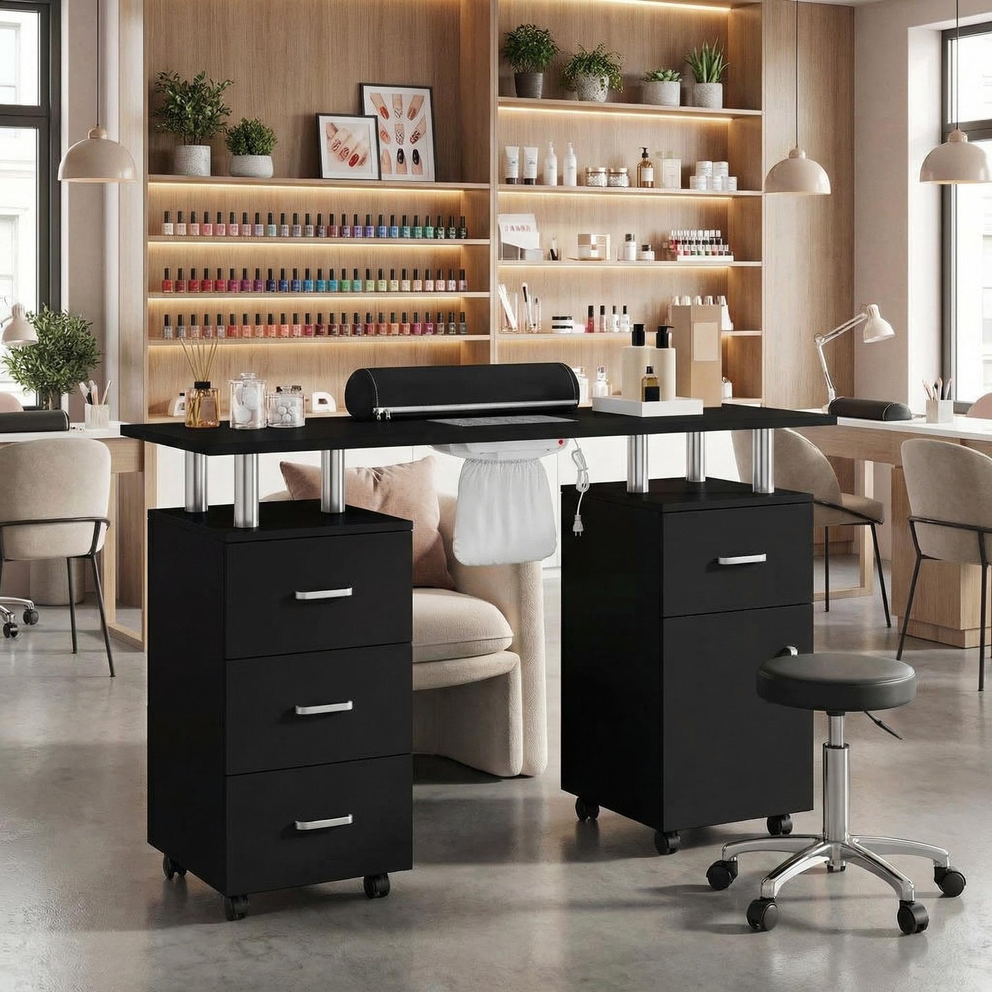 PeacefulHues Manicure Table for Nail Tech, Nail Desk Table Station with Electric Dust Collector Side Cabinet 4 Drawers and Wrist Rest, Beauty Salon Nail Supplies Decor Workstation, Black
