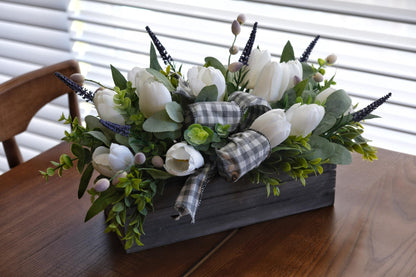 Spring Table Decor Faux White Tulips Arrangement, Spring Easter Tabletop Floral Centerpiece, Artificial Tulip Lavender Eucalyptus Boxwood and Bow in Rectangular Wood Box for Home Decoration, 14in