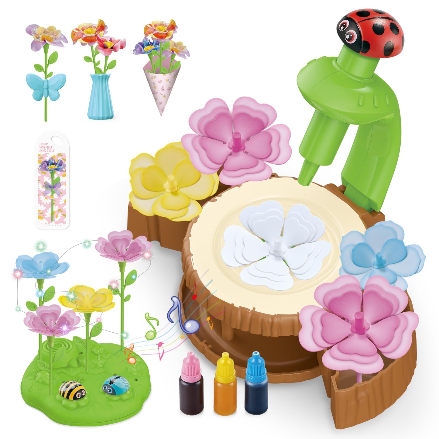 Wiyeang DIY Flower Bouquet Craft Kit for Kids, Water Absorbing Dyeing & Fabric Flowers, Light-Up Music Base, Bug Garden Theme, Creative Art Toy Gift for Girls Ages 3–6
