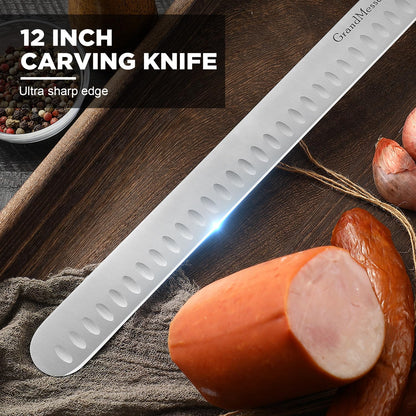 GrandMesser Carving Knife, 12 Inch Slicing Knife for Meat, Premium German Steel with ABS Handle, for BBQ Brisket Turkey Ham Rib Roast Beef with Sharpener.