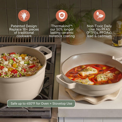 Our Place Cookware Duo | 7-Piece Ceramic Cookware Set with 10.5" Always Pan 2.0, 5.5 Qt Perfect Pot & Strainer Basket | Induction & Oven Safe up to 450°F | Nonstick, Non-Toxic Cookware | Sage
