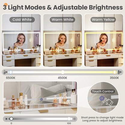 Pamapic 11 Drawers Vanity Desk with Golden Handles, Upgraded Silent Slides Vanity Mirror with Lights, 3 Lighting Modes Glass Top Makeup Vanity with Chair and Portable Mirror, Charging Station