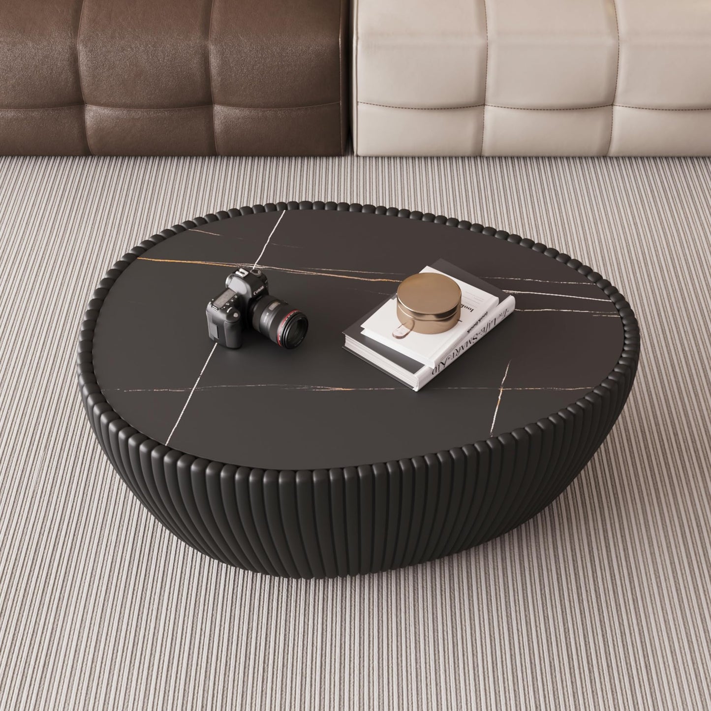 KEIKI 32.1" Goose Eggs Shape Coffee Table, Modern Sofa Side Table with Marble Top & Leather Wrap, Small End Table for Living Room, Bedroom, Office, Black