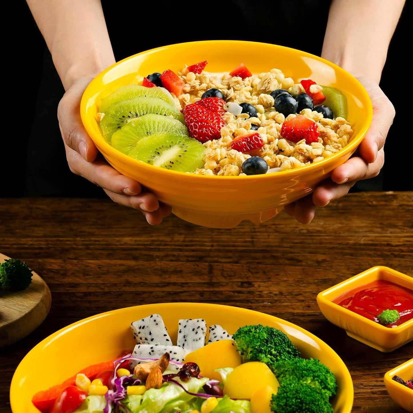 Unbreakable Ramen Bowl Set with Chopsticks and Spoon, 2 Large Japanese Style Melamine Bowls for Pho Soup, Yellow