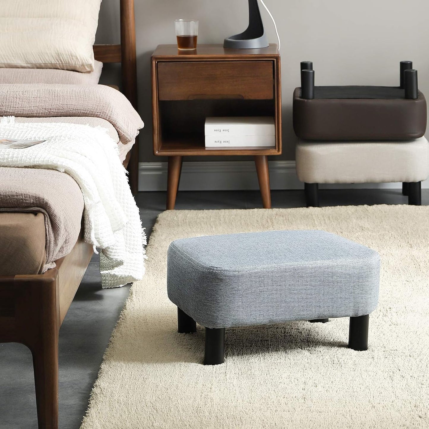 16.54" RF-BD214-D IBUYKE Small Footstool Linen Fabric Pouf Ottoman Footrest Modern Home Bedroom Rectangular Stool