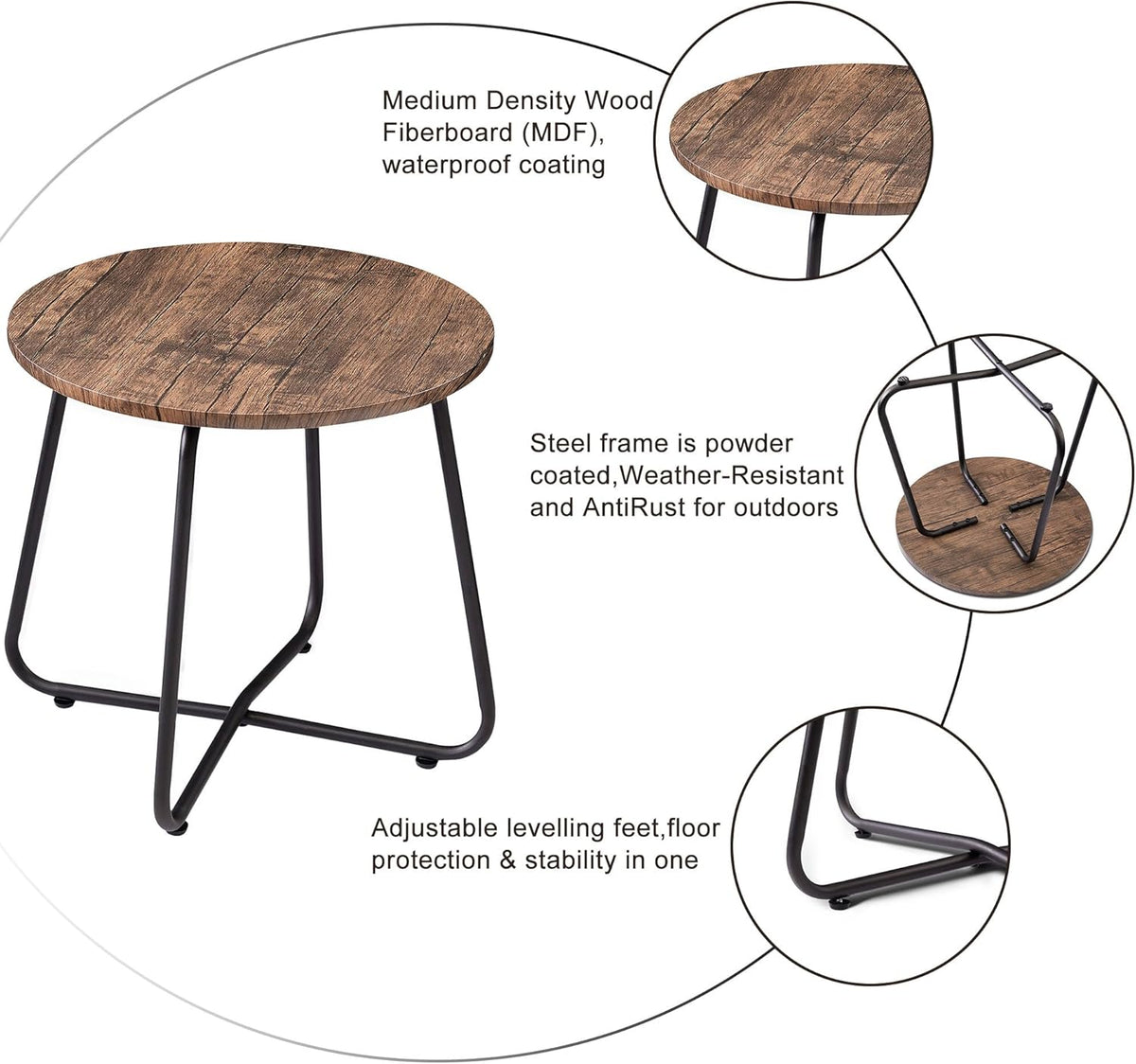 VECELO Small Round Metal Side Snack Table for Outdoor & Indoor Use - Anti-Rust Design