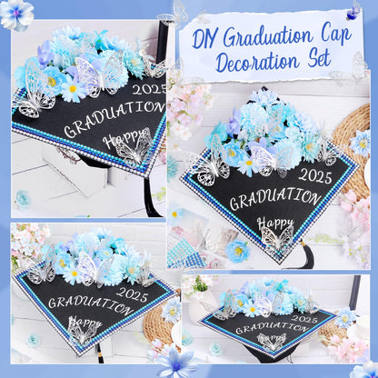 Kicpot Blue Graduation Cap Decorations Kit DIY Grad Cap Topper with Artificial Flower 3D Butterfly Rhinestones Alphabet Letter Number Stickers for 2025 Graduation Party Decorations Supplies (Blue)
