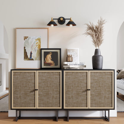 Nathan James Kova Rattan Wood Accent Sideboard Storage Cabinet TV Stand with Matte Metal Frame, Adjustable Shelves and Cane Doors, for Hallway, Entryway or Living Room, Black Oak/Cane, Set of 2