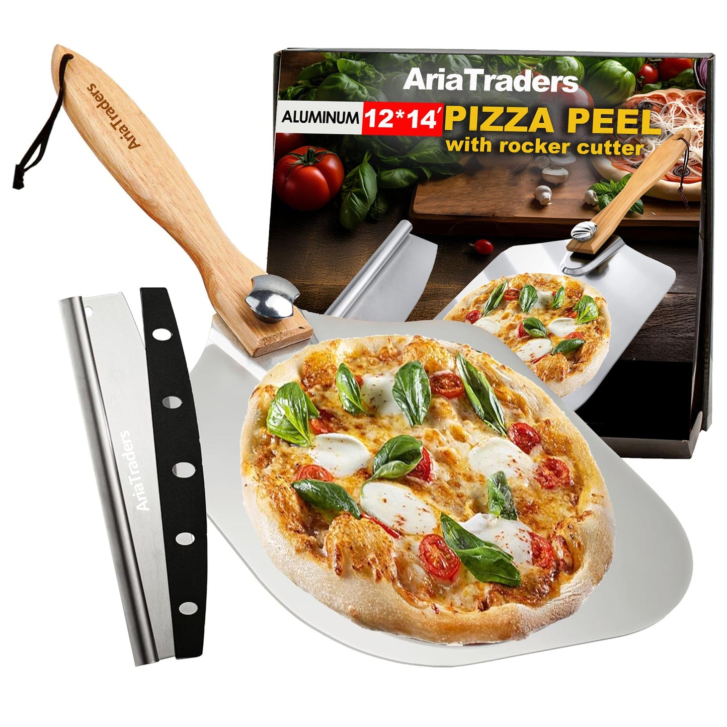 AriaTraders Aluminum Metal Pizza Peel (12" X 14"), Pizza Spatula with 14’’ Rocker Cutter, Pizza Paddle with Foldable Wooden Handle for Easy Storage, Pizza Spatula Paddle for Indoor & Outdoor Ovens