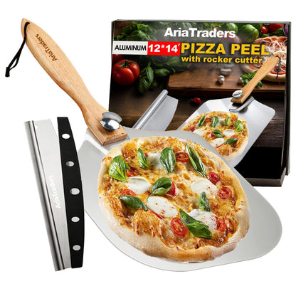 AriaTraders Aluminum Metal Pizza Peel (12" X 14"), Pizza Spatula with 14’’ Rocker Cutter, Pizza Paddle with Foldable Wooden Handle for Easy Storage, Pizza Spatula Paddle for Indoor & Outdoor Ovens