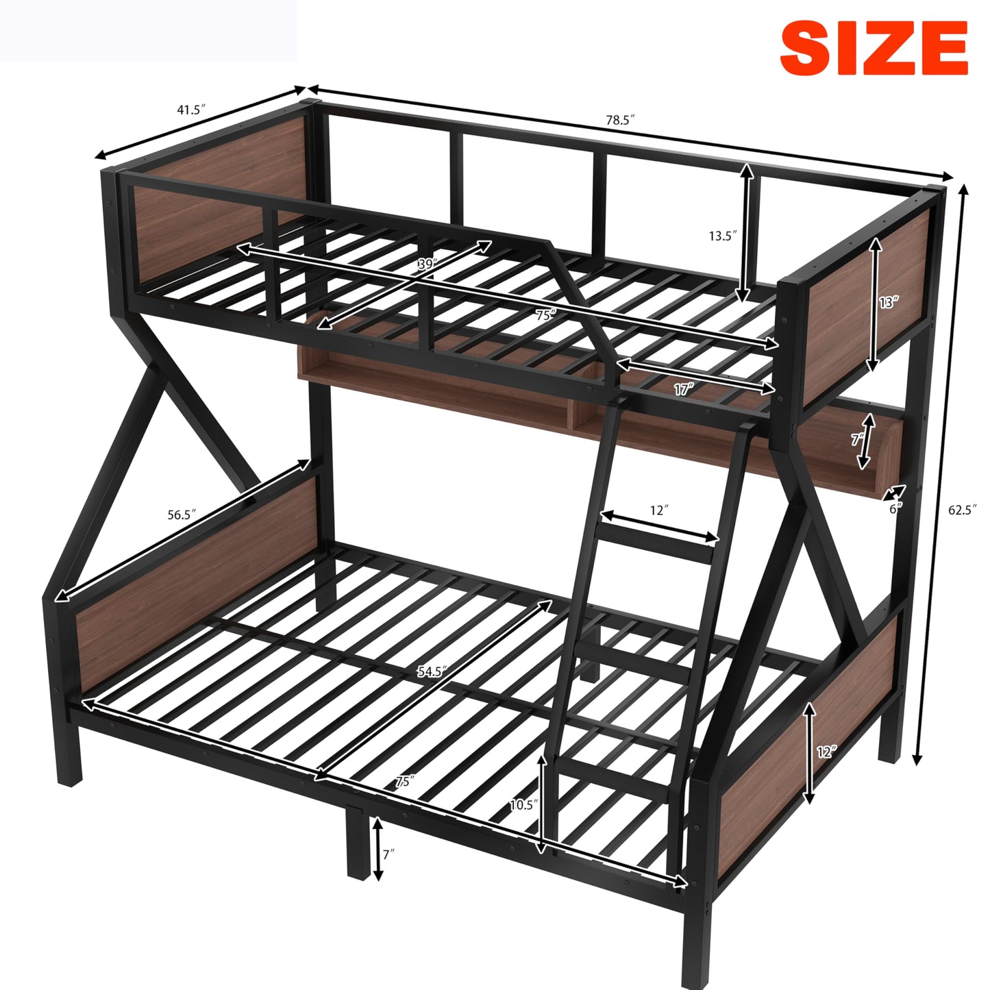 SIMPLEZC Upgraded Version Heavy Duty Thicken Metal Twin Over Full Bunk Bed with Storage Shelves and Lights, Best Industrial Style Bunk Bed Twin Over Full Size with Wood Board for Adults