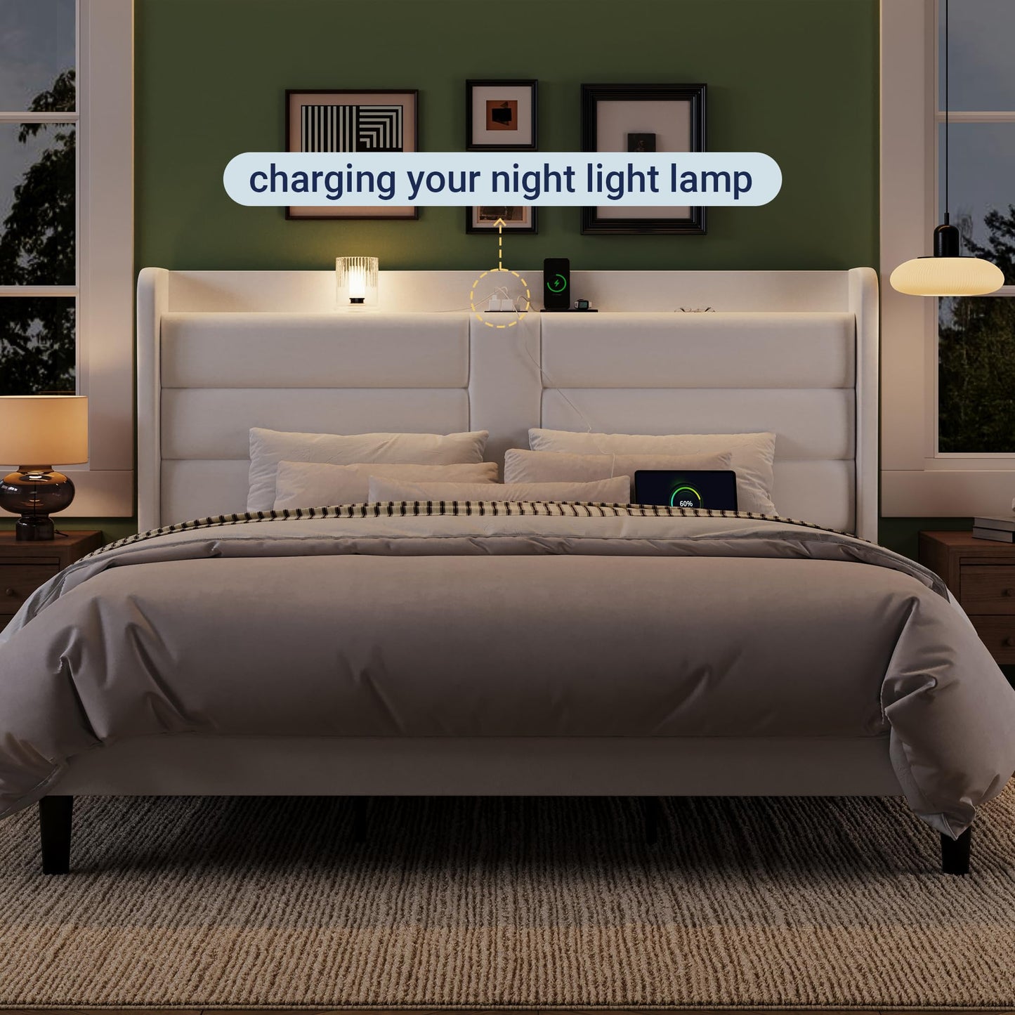 Allewie King Size Platform Bed Frame with Charging Station & Storage Headboard, Upholstered Velvet Wingback Design & USB Port, Strong Wooden Slats Support, No Box Spring Needed, Easy Assembly, White