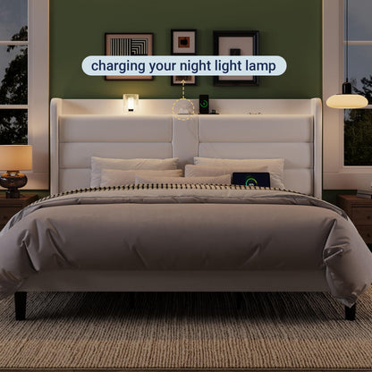 Allewie King Size Platform Bed Frame with Charging Station & Storage Headboard, Upholstered Velvet Wingback Design & USB Port, Strong Wooden Slats Support, No Box Spring Needed, Easy Assembly, White