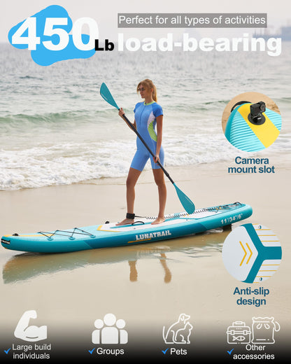 【11'×34"】 Extra Long/Extra Wide Premium Inflatable Stand Up Paddle Board (SUP) – Portable & Lightweight for Yoga, Surfing | Complete Kit with Paddle, Pump, Bag | Durable Design (Light Blue)