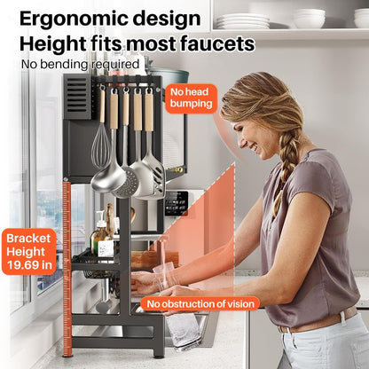 Over The Sink Dish Drainer Drying Rack 3 Tiers with Cover, Keep Kitchen Sink Shlef Organized Space-Saving Dish Drying Rack, Large Stainless Steel Sink Dish Rack for Dishes, Bowls, Cutlery (37.4"w)