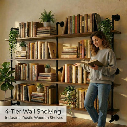 Industrial Pipe Wall Shelves With Real Wood Plank, 70 Inches Floating Shelves for Wall, 4 Tier Farmhouse Book Shelves, Dark Brown for Kitchen, Living Room Decor and Bar