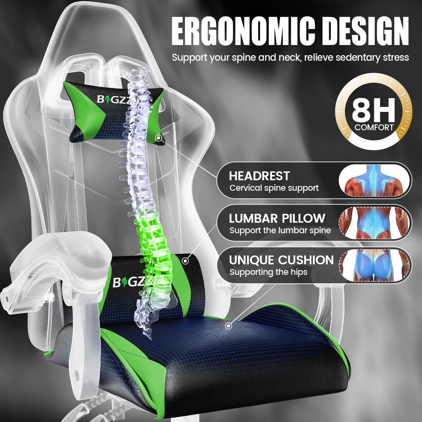 Bigzzia Gaming Chair, Ergonomic Video Game Chairs with Pillow and Lumbar Support, Racing Style Height Adjustable Computer Chair with 360°-Swivel Seat for Adults and Teens