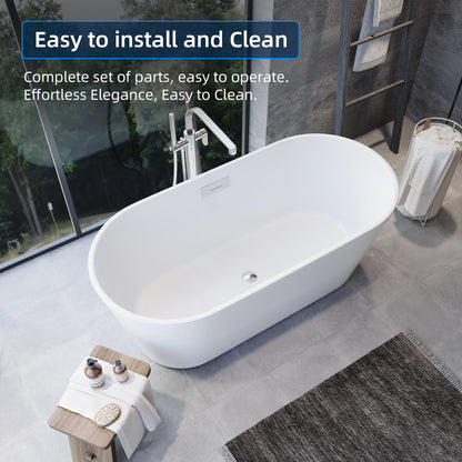 Garvee 59 in Acrylic Freestanding Bathtub - Extra Deep Soaking Tub for Adults, Stand Alone Tub with Integrated Overflow Drain, CUPC Certified Modern Bathroom Tub, White