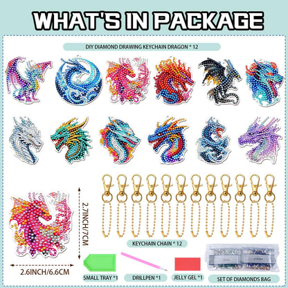 Keluna Diamond Art Keychains Dragon - 12 Pcs Dragon Diamond Painting Kits, Legond Animal Crafts Diamond Art Keychain Kit