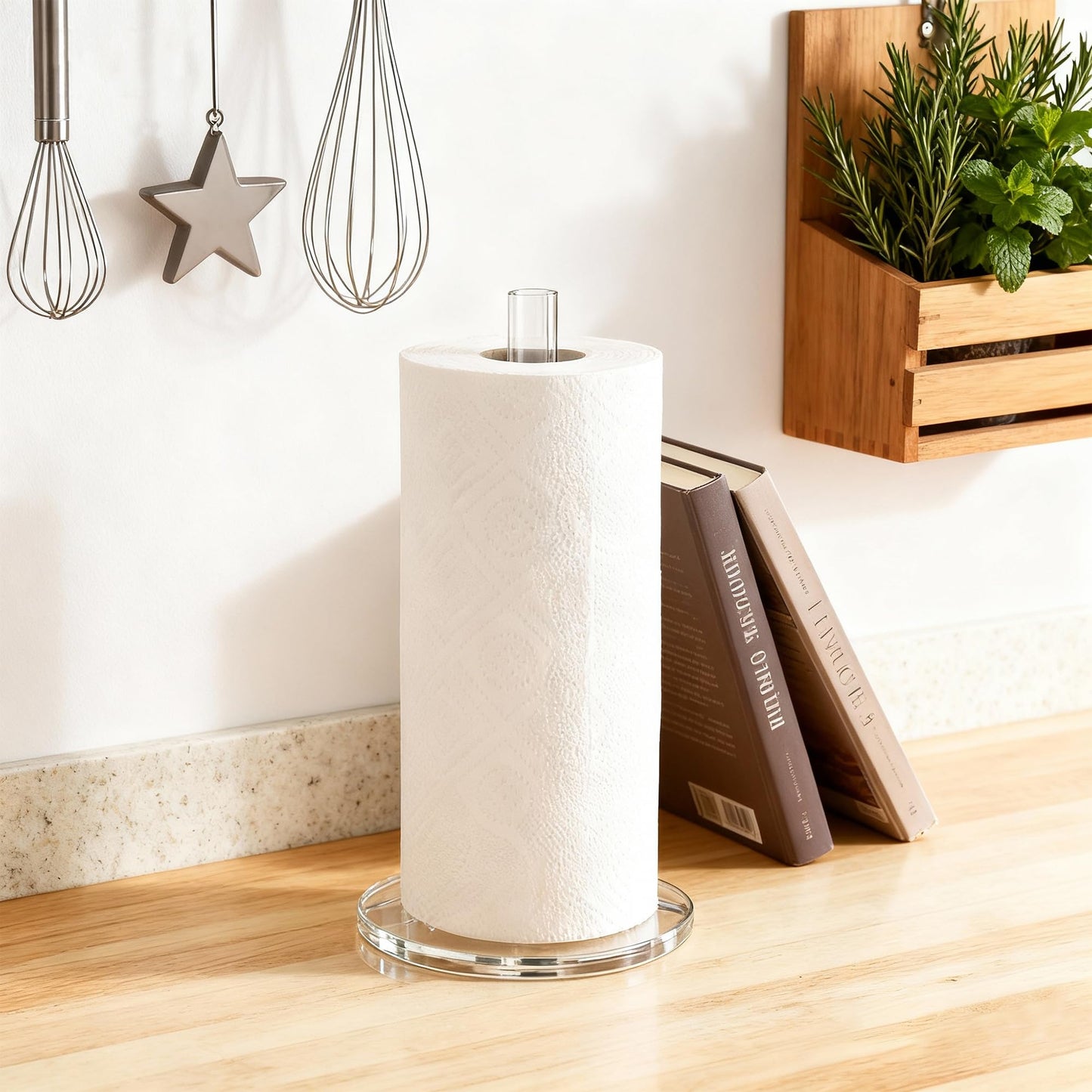 WORHE Paper Towel Holder Countertop Clear Acrylic 5.9" Diameter Thickening Sturdy Base,for Kitchen Bathroom, Paper Towel Dispenser for Tear Tissue Roll 1 Pack (YGC001)