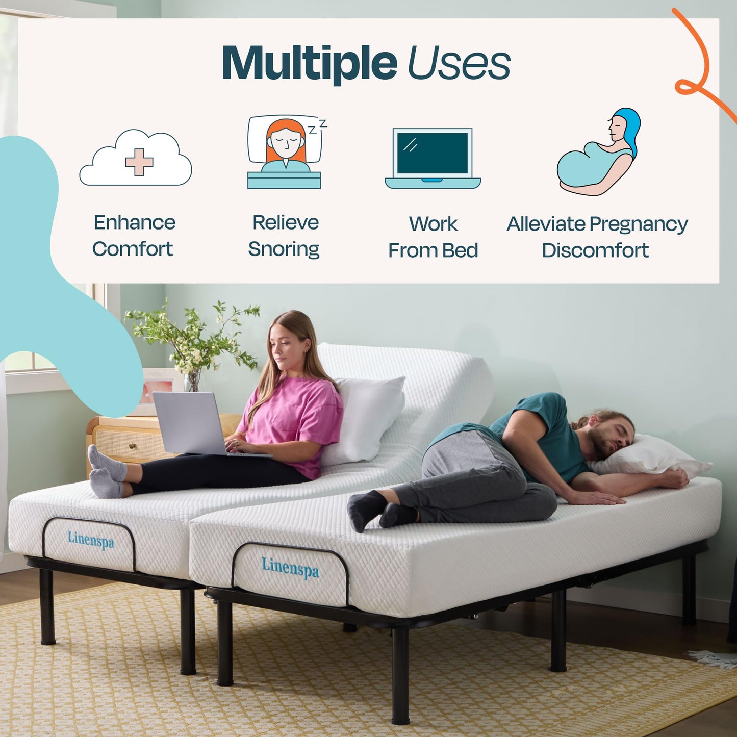 Linenspa Adjustable Bed Frame - Independent Head and Foot Incline - Powerful Quiet Motor - Easy Toolless Assembly - Lounging - Watch TV - Working - Reading - Ergonomic - Electric Bed Base - Full Size
