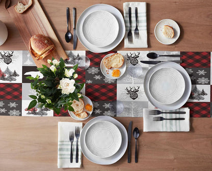 Christmas Table Runner 72 Inch, Buffalo Plaid Checkered Snowflake Elk Xmas Tree Bear for Holiday Kitchen