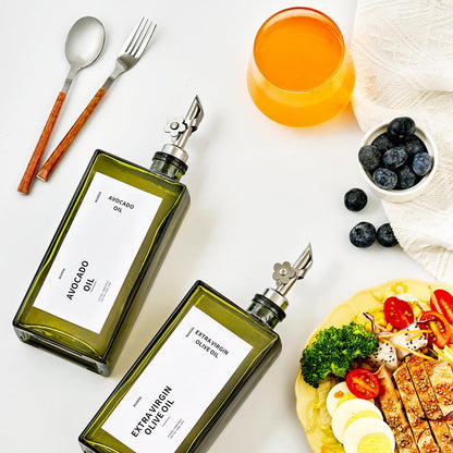 MUVEKA Olive Oil Dispenser Bottle for Kitchen, 16.9oz /500ml Cooking Vinegar Dispenser Bottle Set, Glass Sauce Container, Labels, Brush, Funnel, Stoppers, Green for Oil, Wine
