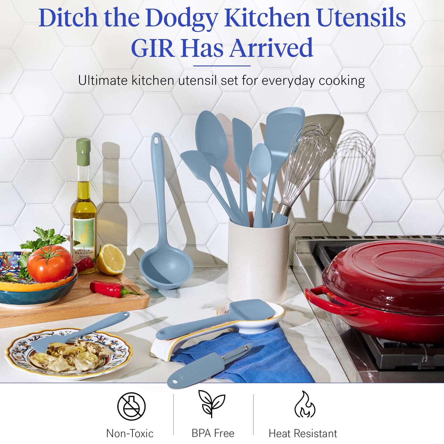 GIR: Get It Right 10-Piece Spatula Set & Silicone Utensils for Kitchen - Slate - Heat Resistant to 425°F - Dishwasher Friendly - Includes Ladle, Whisk, Potato Peeler & Kitchen Spoons