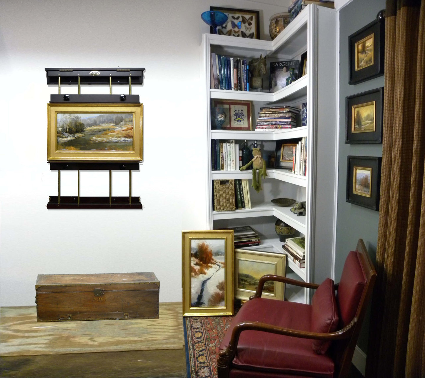 Rue Wall Easel Medium - Mahogany Finish & Brass Hardware - 32" Wide Hanging Wall Mountable Display for Art, Adjustable Angle, Holds Canvas Up to 40", Decorative Holder, Easel Lamp Compatible, 26lbs