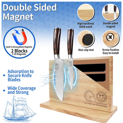 XYJ Authentic Since 1986, Magnetic Knife Block, Double Side Kitchen Knife Stand, Acacia Wood, Magnetic Knife Holder with Strong Enhanced Magnets,Knives Storage Rack Stand for Home Kitchen