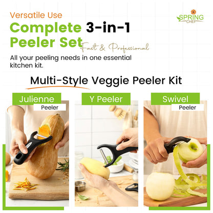 Spring Chef Vegetable Peelers for Kitchen - Stainless Steel Swivel, Y & Julienne Peelers, Potato Peelers with Soft Grip Handles, Kitchen Utensils Set of 3 for Fruits, Veggies, Apples, Carrots