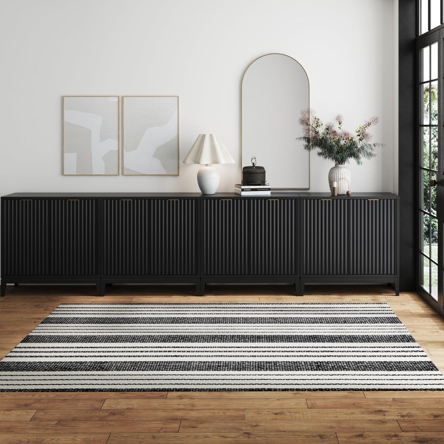 Nathan James Jasper Modern Sideboard, TV Stand with Fluted Doors, Accent Storage for Kitchen or Living Room, Black Oak, Set of 4