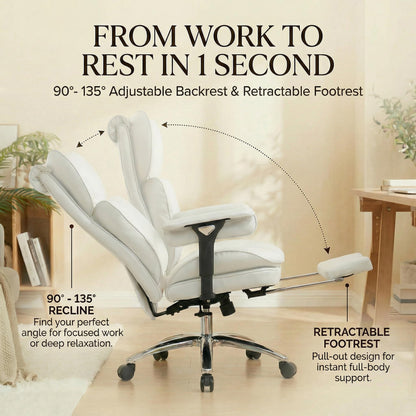 Efomao Big & Tall Executive Office Chair with Footrest - 400lbs Heavy Duty High Back PU Leather Desk Chair, Modern Ergonomic Reclining Computer Chair, White