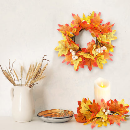 Hotop Fall Candle Rings Thanksgiving Day Ring Holder with Maple Leaves Wreath Mini Autumn Artificial for Home Table Decoration Centerpiece (4 Pieces), White