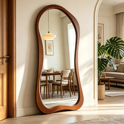 DAOYIJIAJU Large Irregular Mirror, 67"x31.5" Asymmetrical Full Length Mirrors with Solid Wood Frame, Premium Aesthetic Floor Mirror for Living Room Entryway Hallway Bedroom Cloakroom, Leaning/Hanging