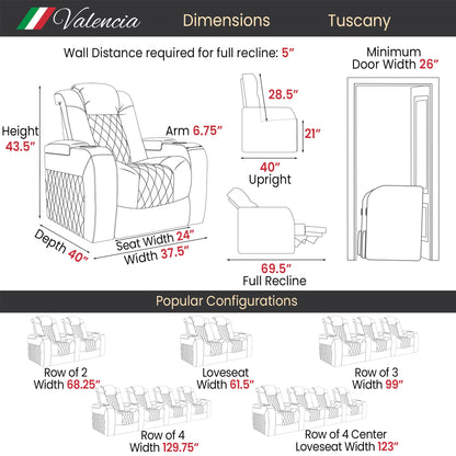Valencia Tuscany Home Theater Seating | Premium Top Grain Italian Nappa 11000 Leather Power Recliner with Power Lumbar Support & Headrest (Single Recliner, Charcoal Grey)
