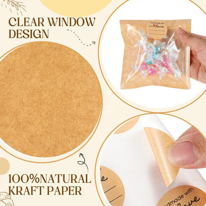 Outus 100 Pcs Cookie Packaging Bags with Seal, 4 x 4 Inch Bakery Pastry Bags with Window, Heat Sealable Grease Resistant Paper to Go Bake Sleeves for Gift Giving Donut Bread Sandwich (Brown)