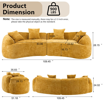 KEIKI 109.45" Curved Compressed Sofa, 4 Seat Couch with Round Armrest, Compression Seat for Living Room, Guest, Bedroom, No Assembly Required, Yellow