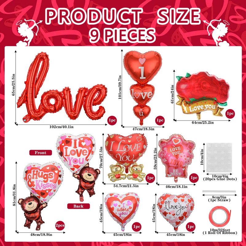 9 Pcs Valentines Balloons I Love You Foil Balloons 40 Inch Love Mylar Balloon Heart Shaped Balloon Propose Marriage Wedding Anniversary Valentines Day Decorations Supplies