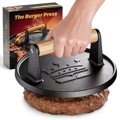 Smash Burger Press 6.5”,Cast Iron Flat Round Edge Grill/Bacon/Meat/Hamburger/Chef Press with Wood Handle,1.74lb hamburger press patty maker for Griddles,Nonstick burger smasher for griddle accessories